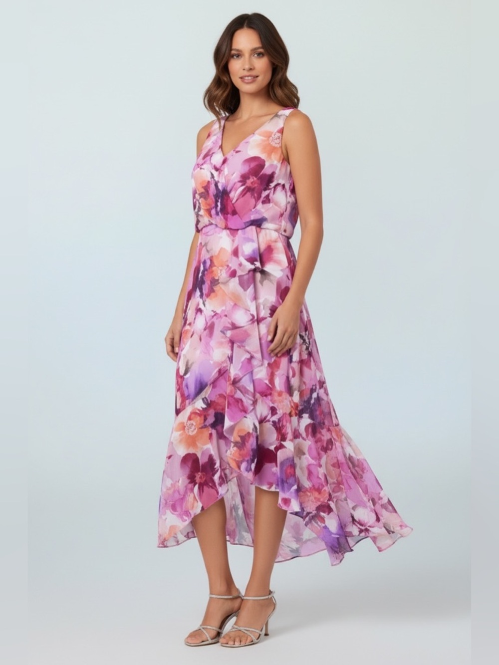 Xscape Pink Floral Chiffon Cascading Ruffle Asymmetrical Hem MIDI Dress NEW